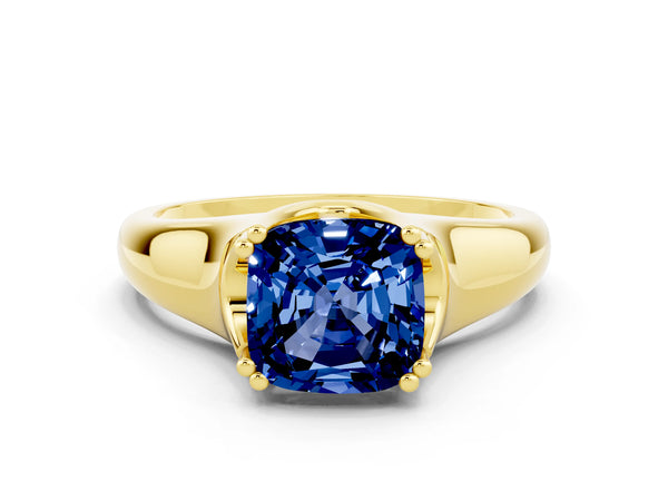 Yellow gold Cushion Cut Blue Sapphire Solitaire Ring with Wide Band and Prong Setting
