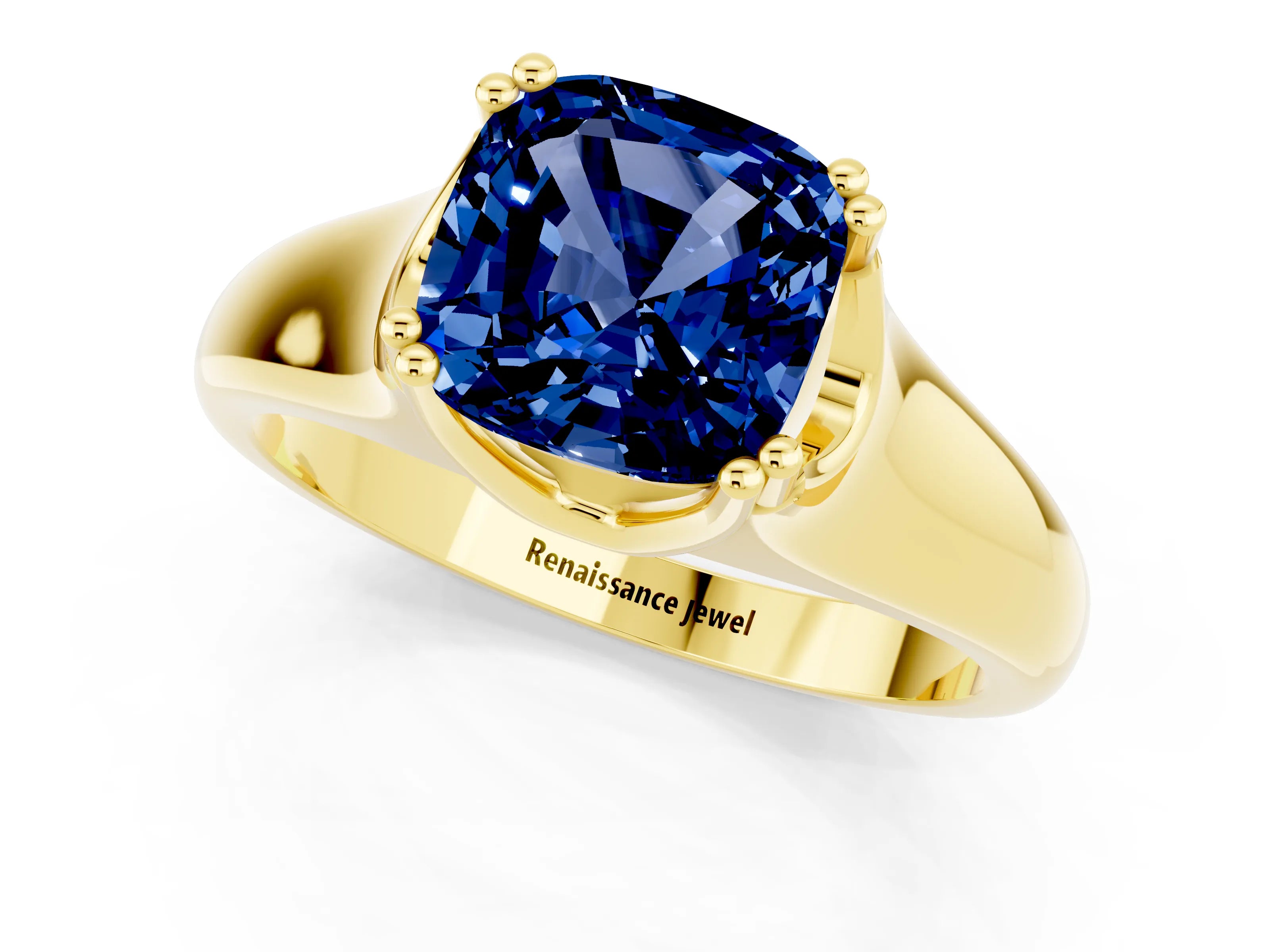 Yellow gold Cushion Cut Blue Sapphire Solitaire Ring with Wide Band and Prong Setting_1