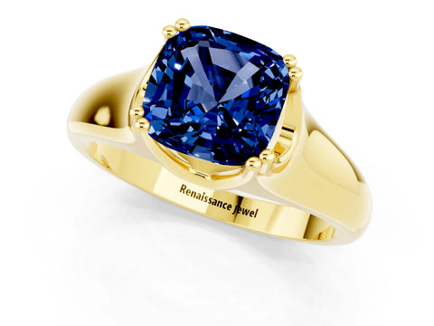 Yellow gold Cushion Cut Blue Sapphire Solitaire Ring with Wide Band and Prong Setting_1