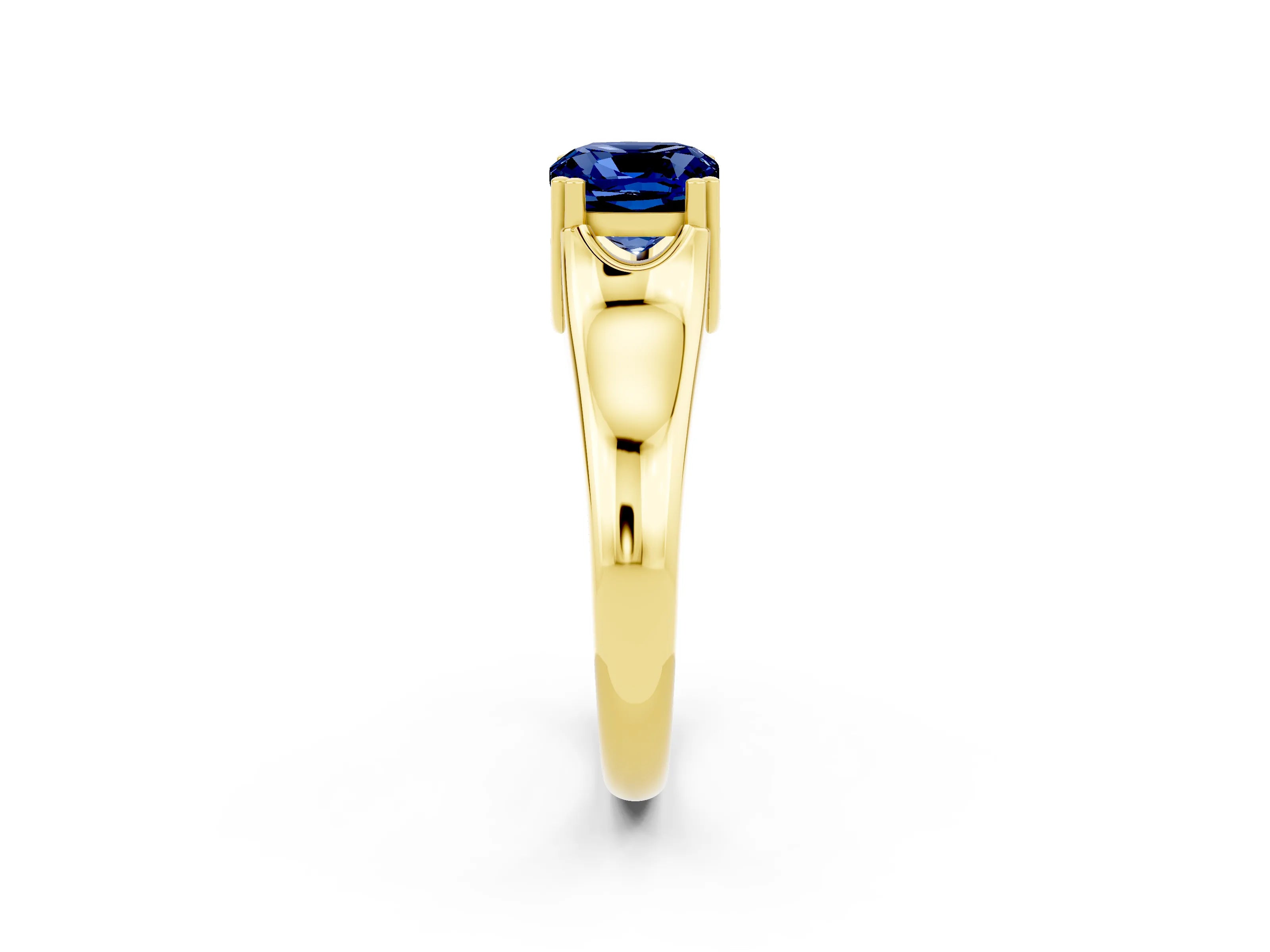 Yellow gold Cushion Cut Blue Sapphire Solitaire Ring with Wide Band and Prong Setting_2