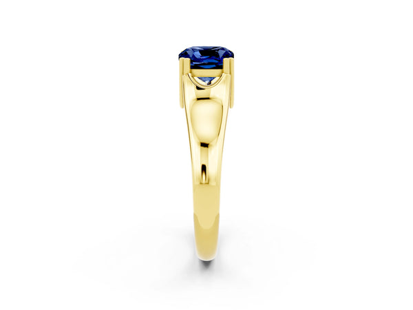 Yellow gold Cushion Cut Blue Sapphire Solitaire Ring with Wide Band and Prong Setting