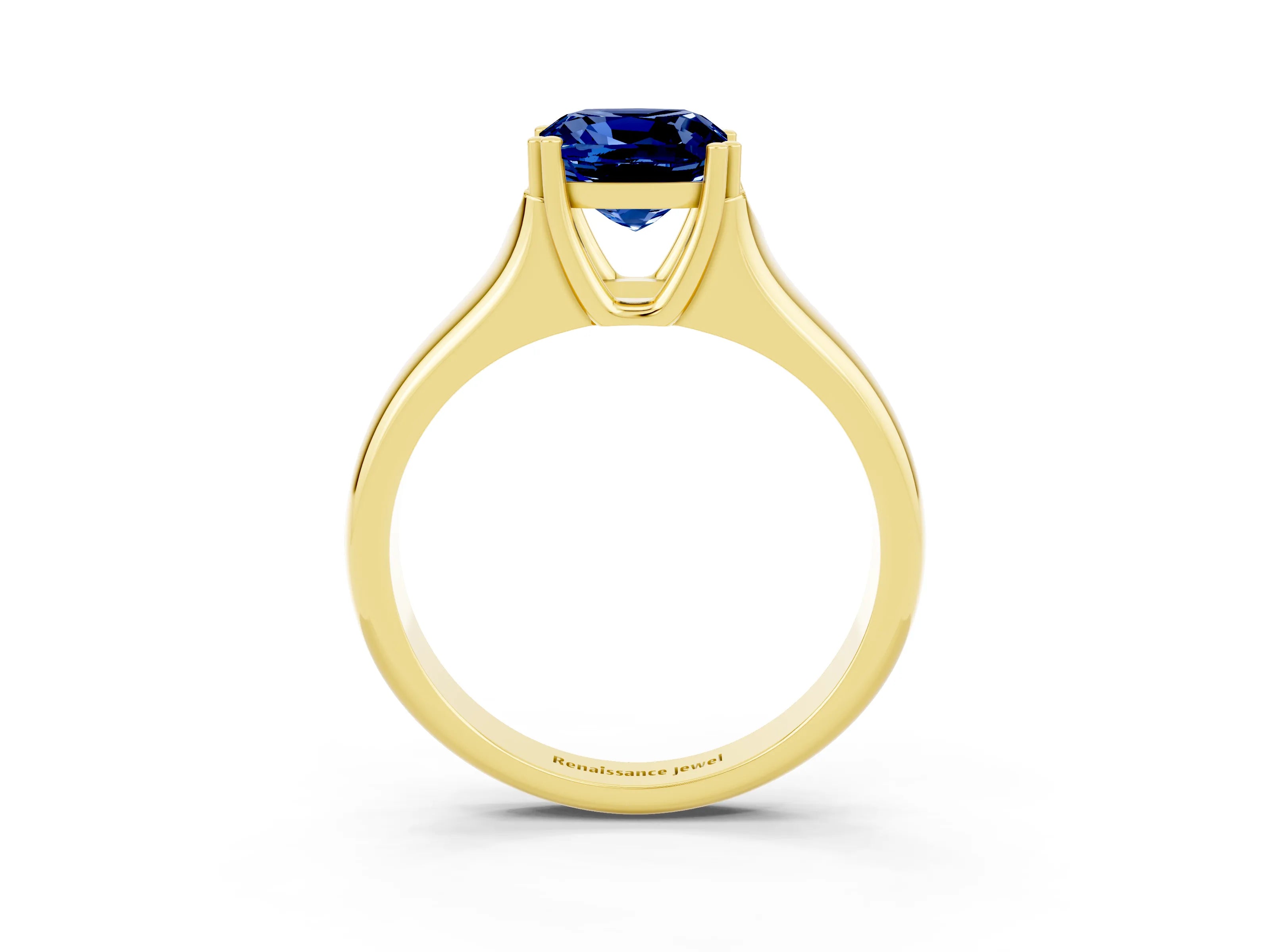 Yellow gold Cushion Cut Blue Sapphire Solitaire Ring with Wide Band and Prong Setting_3