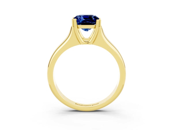 Yellow gold Cushion Cut Blue Sapphire Solitaire Ring with Wide Band and Prong Setting