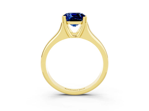 Yellow gold Cushion Cut Blue Sapphire Solitaire Ring with Wide Band and Prong Setting_3