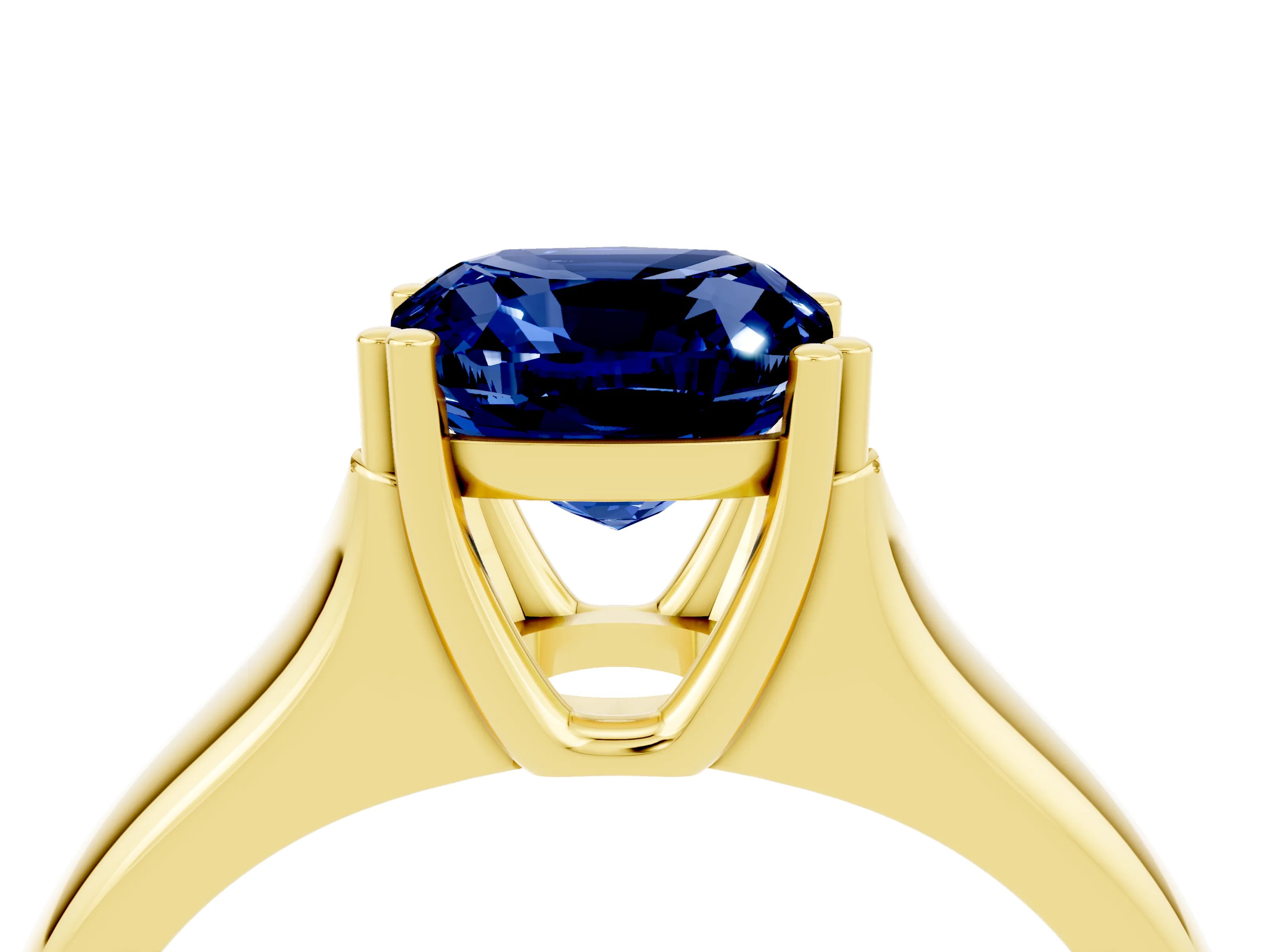 Yellow gold Cushion Cut Blue Sapphire Solitaire Ring with Wide Band and Prong Setting_4