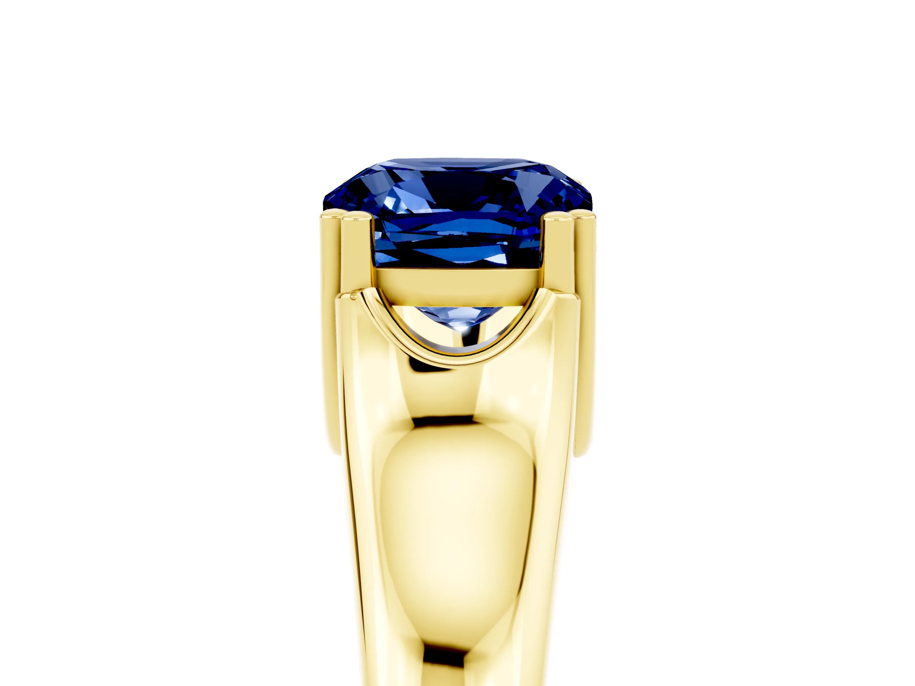 Yellow gold Cushion Cut Blue Sapphire Solitaire Ring with Wide Band and Prong Setting_5