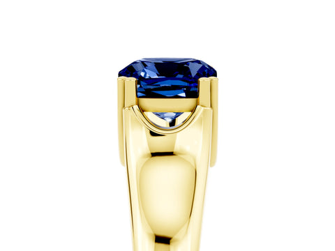 Yellow gold Cushion Cut Blue Sapphire Solitaire Ring with Wide Band and Prong Setting_5