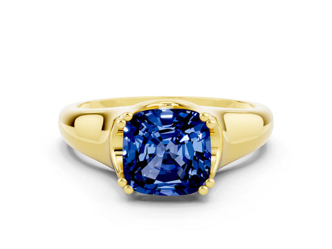 Yellow gold Cushion Cut Blue Sapphire Solitaire Ring with Wide Band and Prong Setting