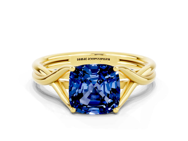 Yellow gold Cushion Cut Blue Sapphire Solitaire Twist Band Prong Setting Ring