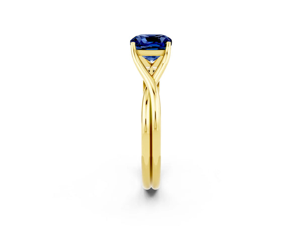 Yellow gold Cushion Cut Blue Sapphire Solitaire Twist Band Prong Setting Ring