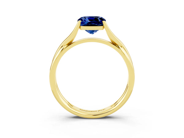 Yellow gold Cushion Cut Blue Sapphire Solitaire Twist Band Prong Setting Ring