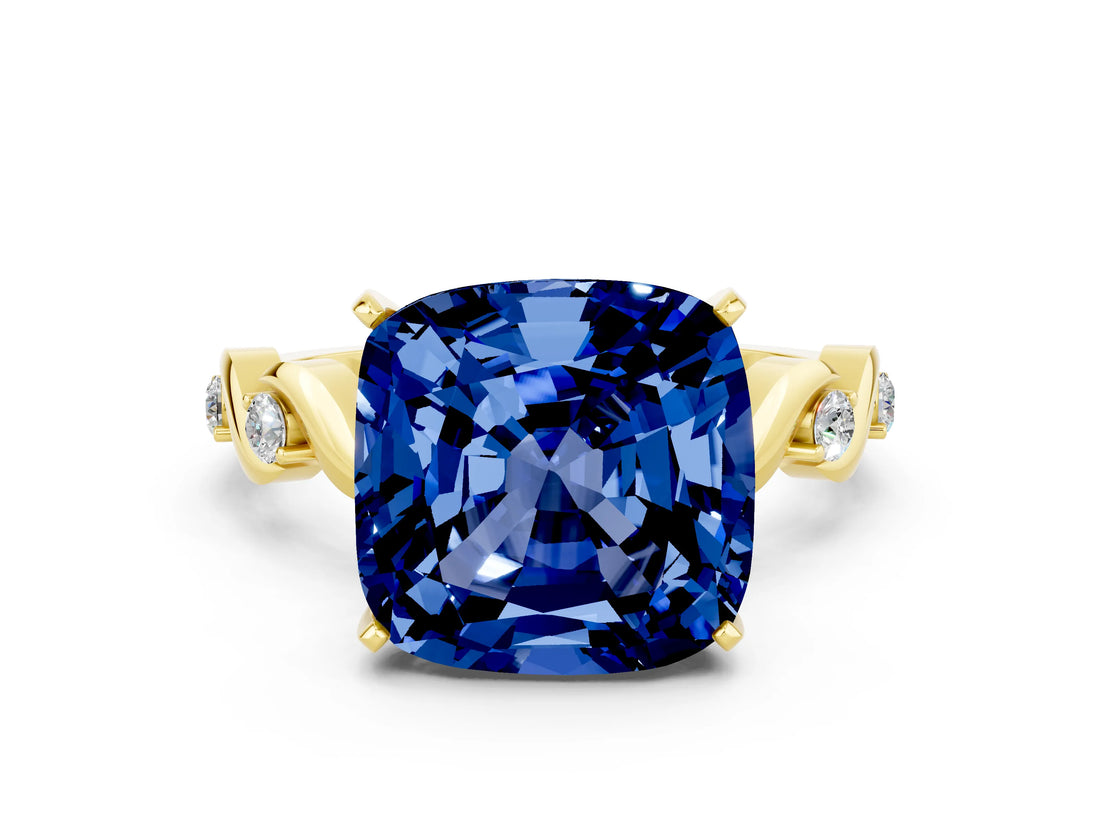 Yellow gold Cushion Cut Blue Sapphire Solitaire Twisted Band with Round  Accents and Prong Setting_12
