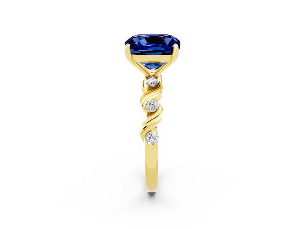Yellow gold Cushion Cut Blue Sapphire Solitaire Twisted Band with Round  Accents and Prong Setting