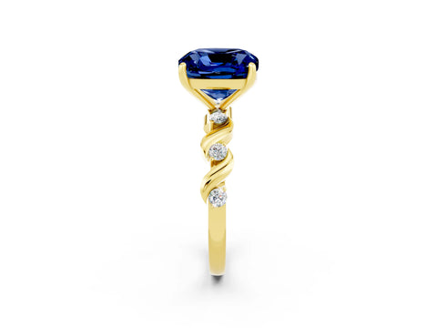 Yellow gold Cushion Cut Blue Sapphire Solitaire Twisted Band with Round  Accents and Prong Setting_14