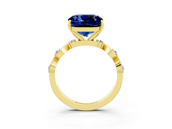 Yellow gold Cushion Cut Blue Sapphire Solitaire Twisted Band with Round  Accents and Prong Setting