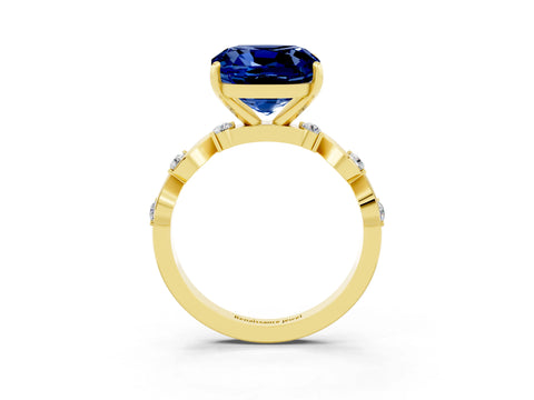 Yellow gold Cushion Cut Blue Sapphire Solitaire Twisted Band with Round  Accents and Prong Setting_15