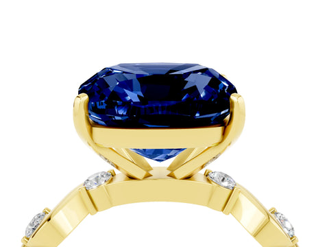 Yellow gold Cushion Cut Blue Sapphire Solitaire Twisted Band with Round  Accents and Prong Setting_16