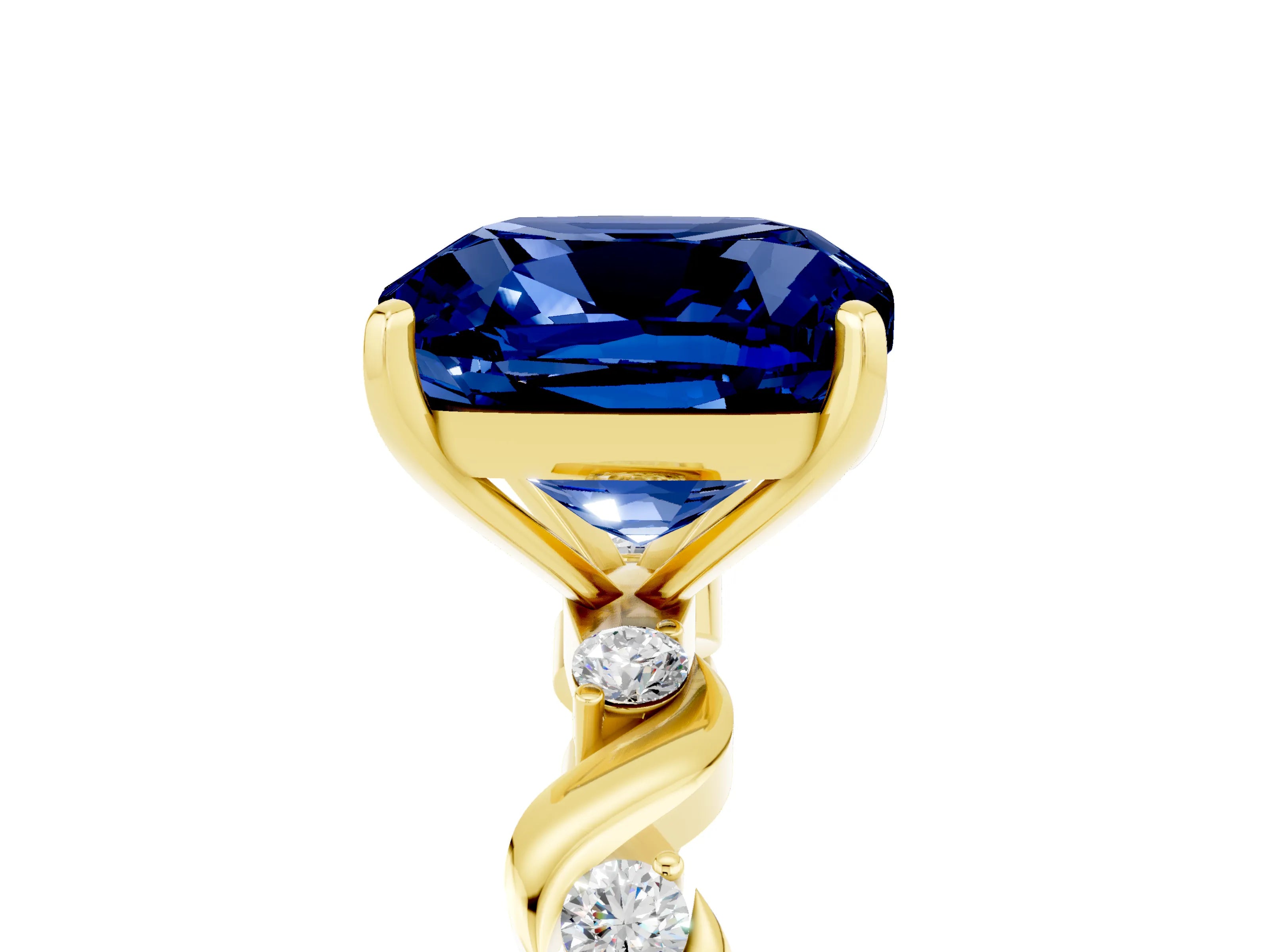 Yellow gold Cushion Cut Blue Sapphire Solitaire Twisted Band with Round  Accents and Prong Setting_17