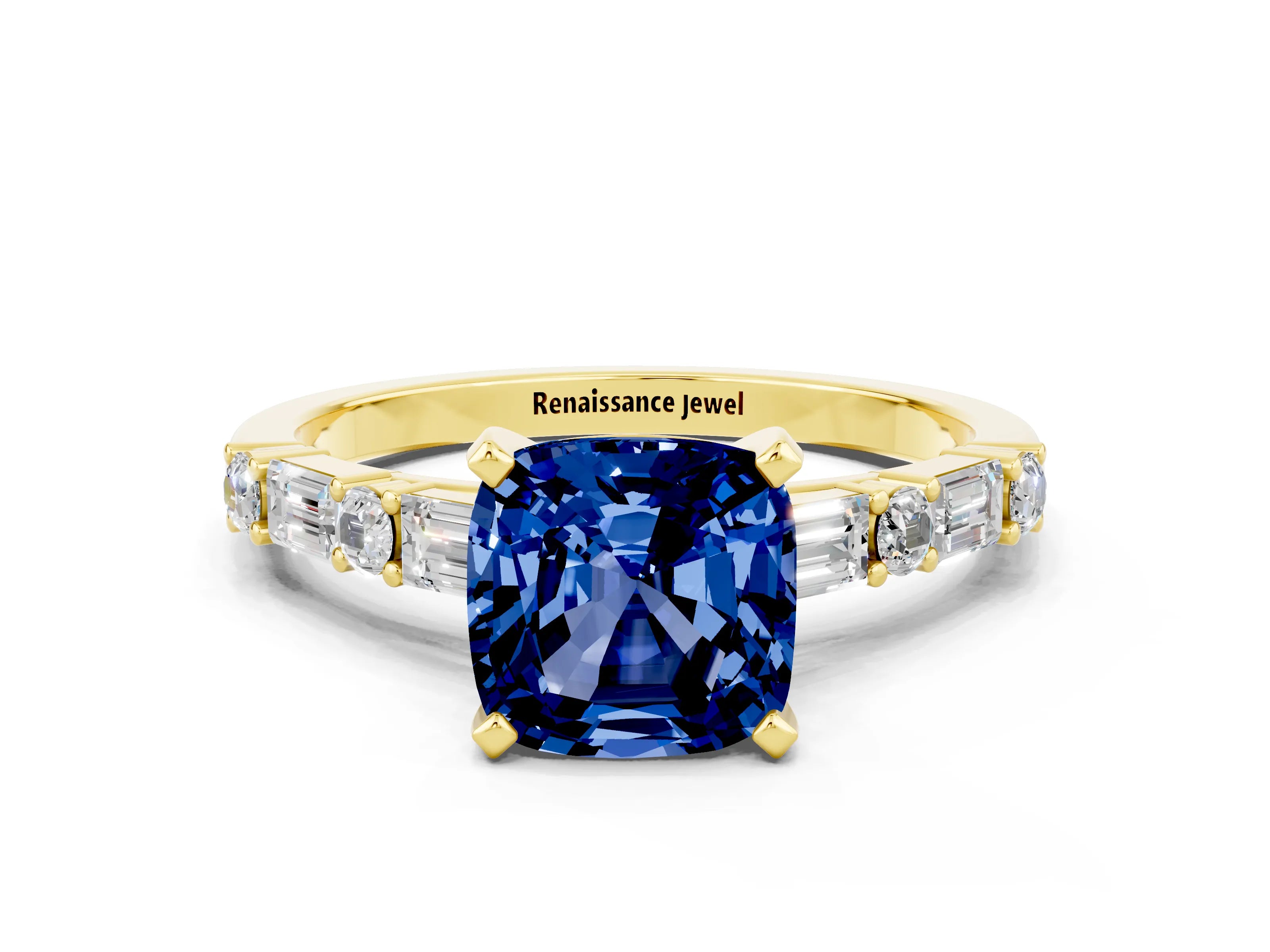 Yellow gold Cushion Cut Blue Sapphire Solitaire with Side Baguettes and Channel Set Band