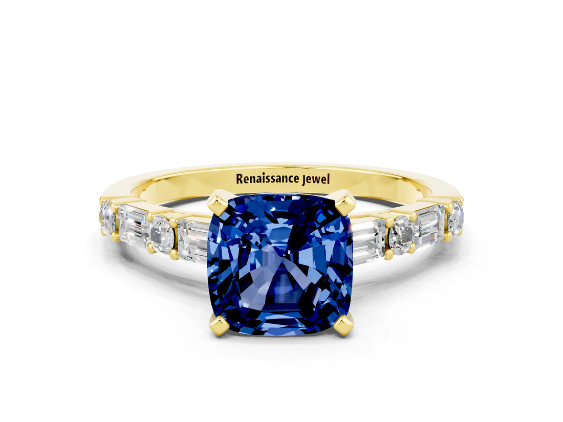 Yellow gold Cushion Cut Blue Sapphire Solitaire with Side Baguettes and Channel Set Band