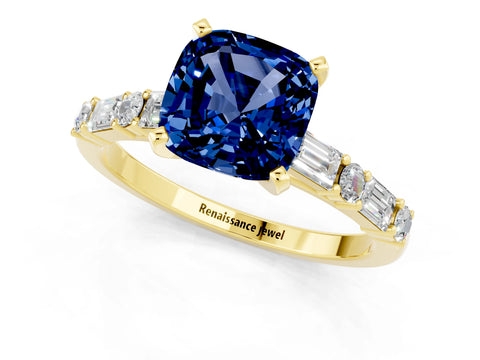Yellow gold Cushion Cut Blue Sapphire Solitaire with Side Baguettes and Channel Set Band_1