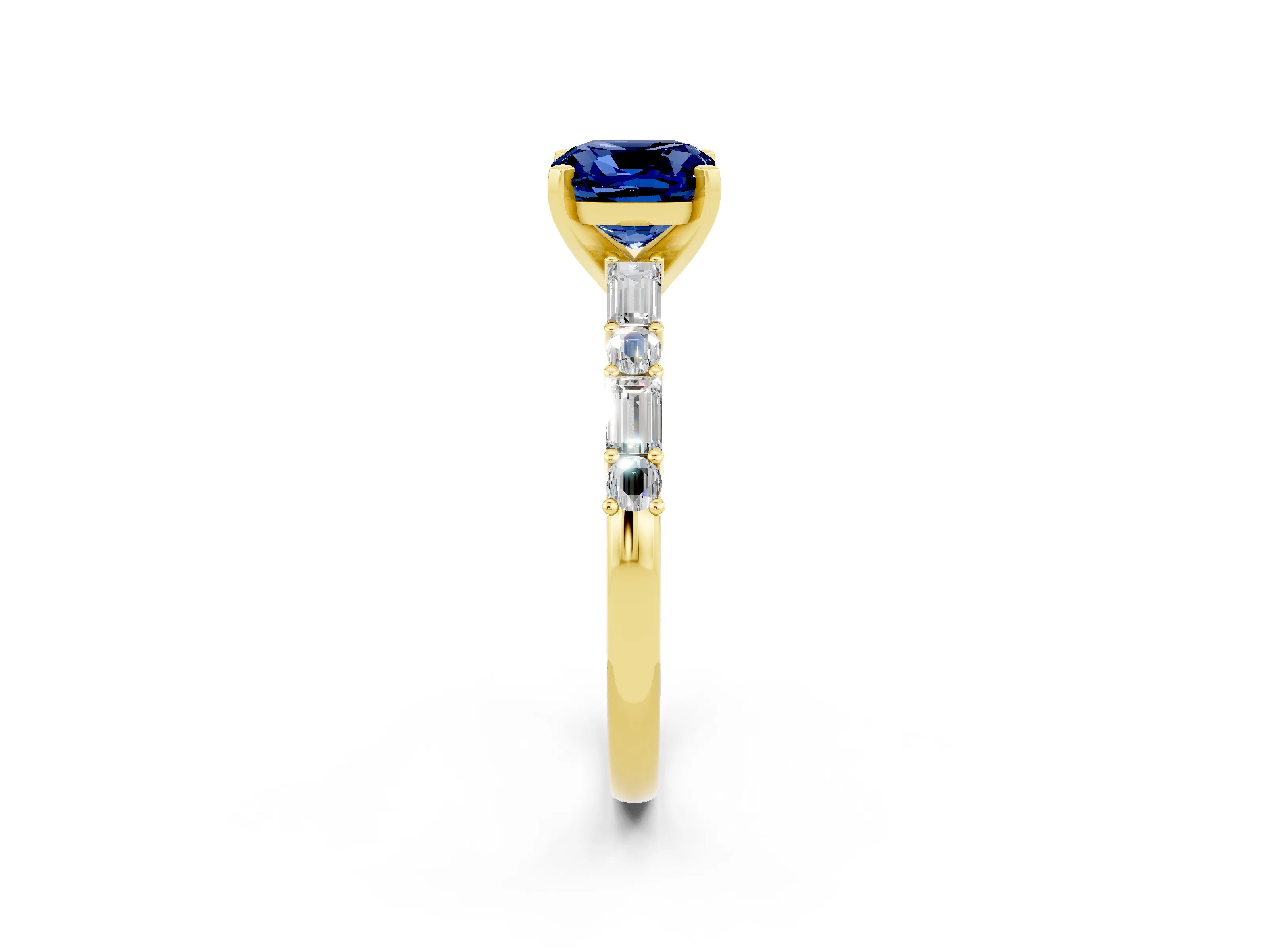 Yellow gold Cushion Cut Blue Sapphire Solitaire with Side Baguettes and Channel Set Band_2