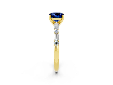 Yellow gold Cushion Cut Blue Sapphire Solitaire with Side Baguettes and Channel Set Band_2