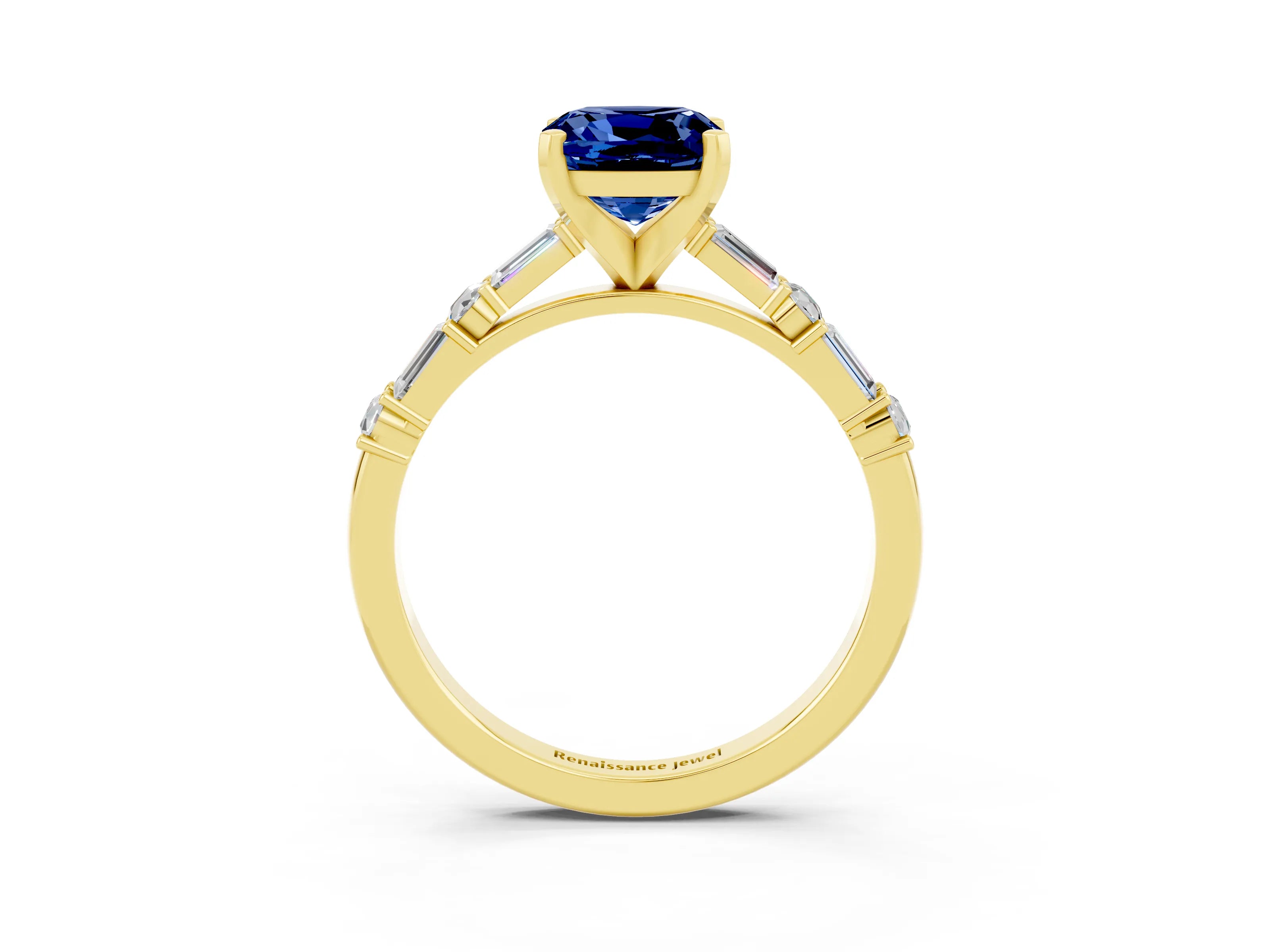 Yellow gold Cushion Cut Blue Sapphire Solitaire with Side Baguettes and Channel Set Band_3