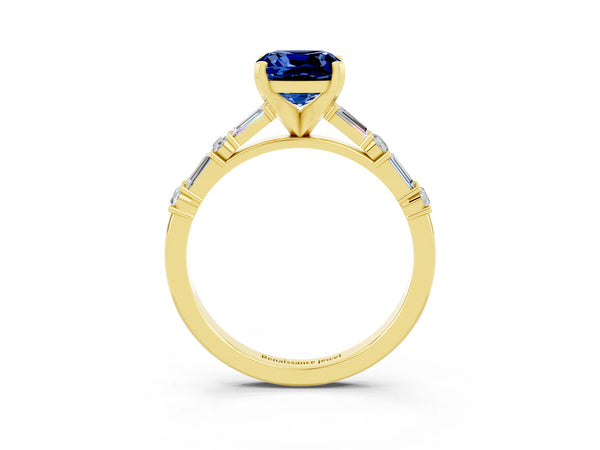 Yellow gold Cushion Cut Blue Sapphire Solitaire with Side Baguettes and Channel Set Band