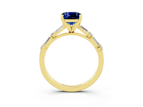 Yellow gold Cushion Cut Blue Sapphire Solitaire with Side Baguettes and Channel Set Band_3