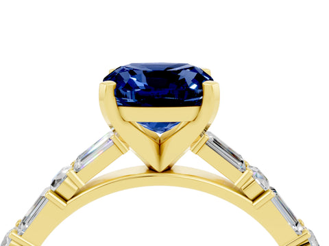 Yellow gold Cushion Cut Blue Sapphire Solitaire with Side Baguettes and Channel Set Band_4