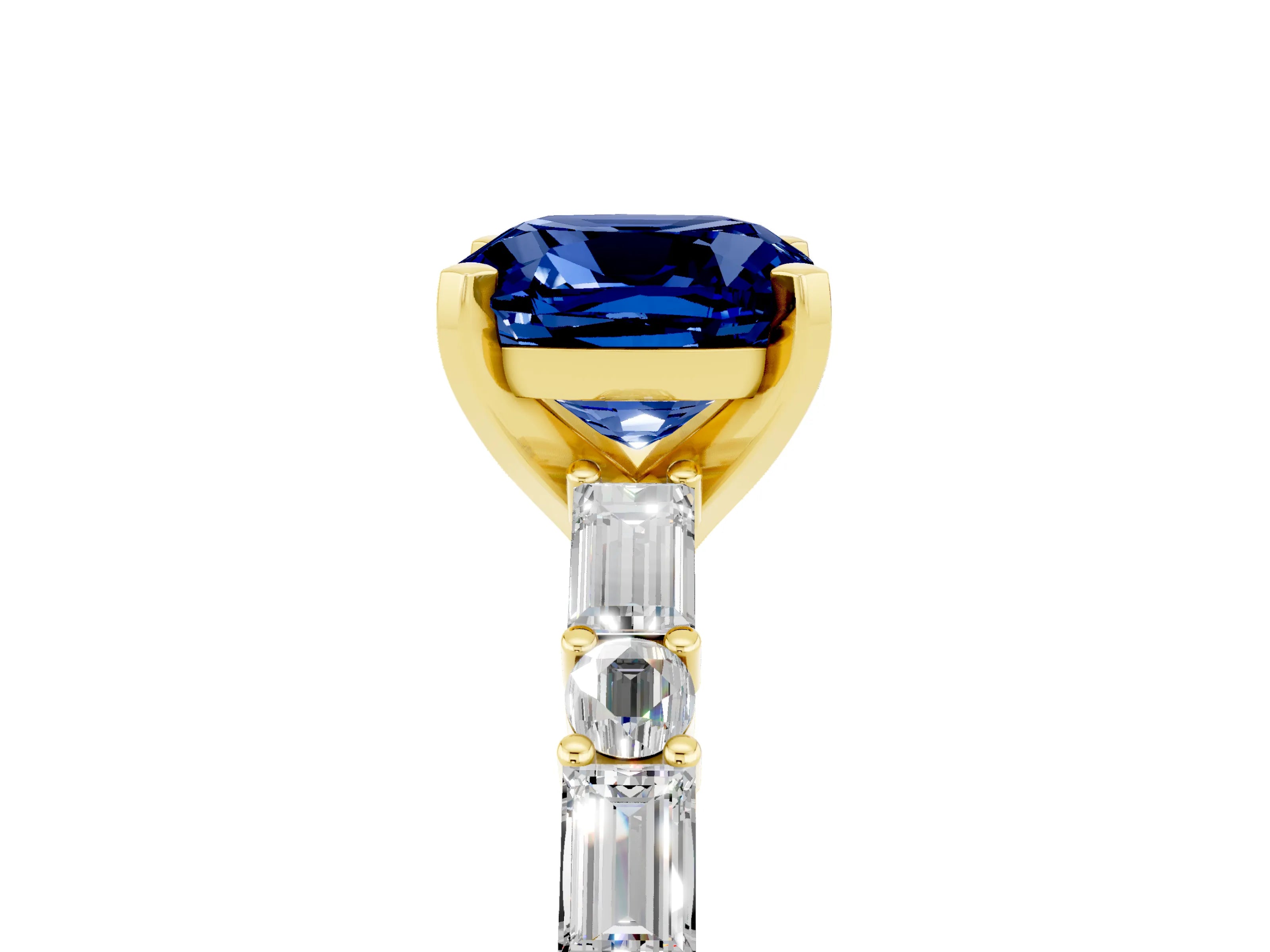 Yellow gold Cushion Cut Blue Sapphire Solitaire with Side Baguettes and Channel Set Band_5