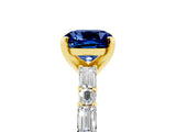 Yellow gold Cushion Cut Blue Sapphire Solitaire with Side Baguettes and Channel Set Band_5