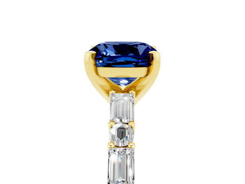Yellow gold Cushion Cut Blue Sapphire Solitaire with Side Baguettes and Channel Set Band_5