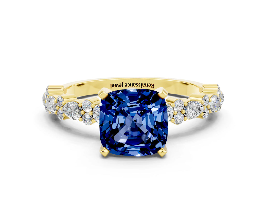 Yellow gold Cushion Cut Blue Sapphire Solitaire with Side Stones, Pave Band, Four-Prong Setting_36