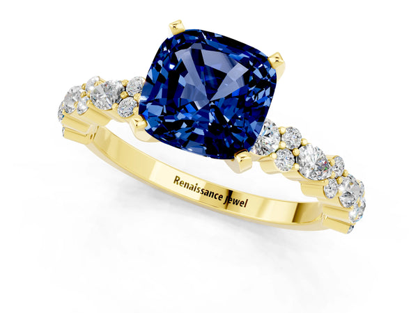 Yellow gold Cushion Cut Blue Sapphire Side Stone Solitaire Ring with Round  and Four-Prong Setting