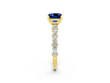 Yellow gold Cushion Cut Blue Sapphire Solitaire with Side Stones, Pave Band, Four-Prong Setting_38