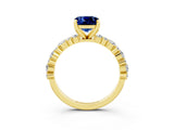 Yellow gold Cushion Cut Blue Sapphire Solitaire with Side Stones, Pave Band, Four-Prong Setting_39