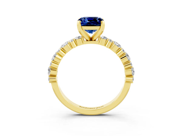 Yellow gold Cushion Cut Blue Sapphire Side Stone Solitaire Ring with Round  and Four-Prong Setting