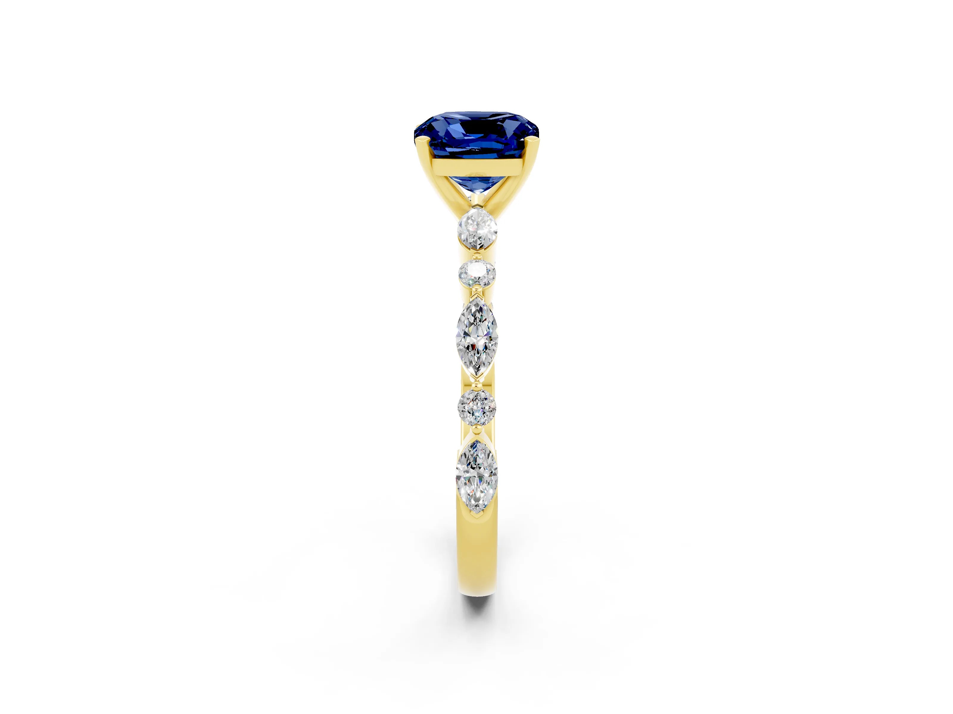 Yellow gold Cushion Cut Blue Sapphire Solitaire with Side Stones on a Pavé Band and Four-Prong Setting_2