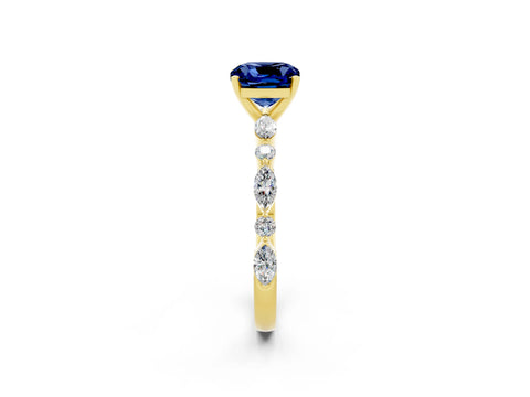 Yellow gold Cushion Cut Blue Sapphire Solitaire with Side Stones on a Pavé Band and Four-Prong Setting_2