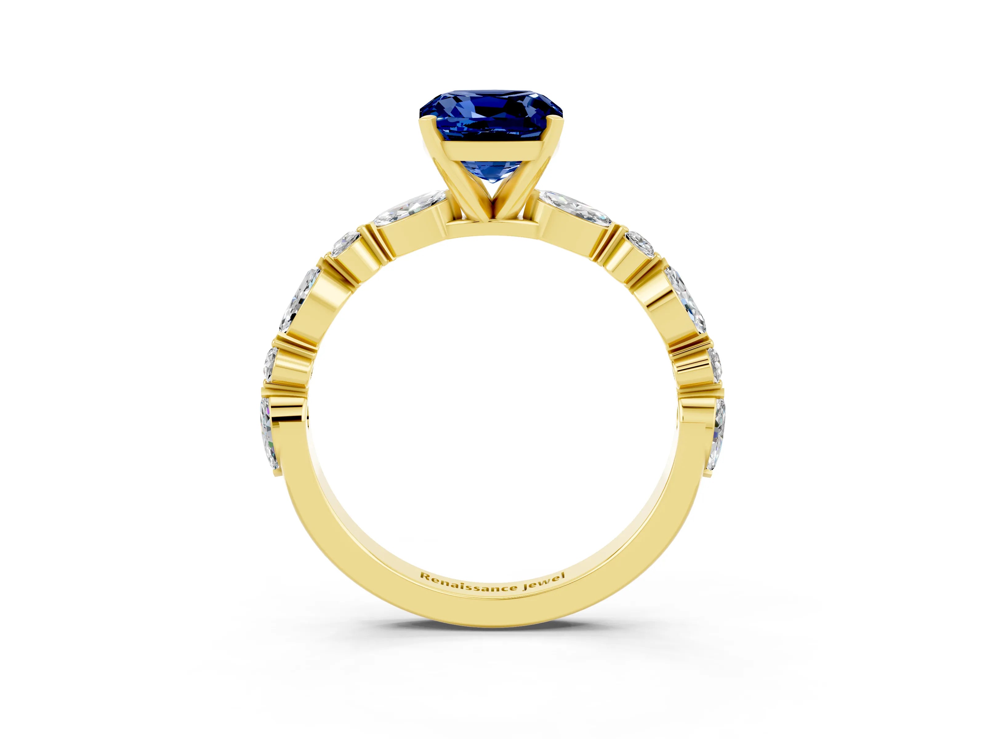 Yellow gold Cushion Cut Blue Sapphire Solitaire with Side Stones on a Pavé Band and Four-Prong Setting_3