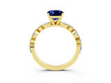 Yellow gold Cushion Cut Blue Sapphire Solitaire with Side Stones on a Pavé Band and Four-Prong Setting_3