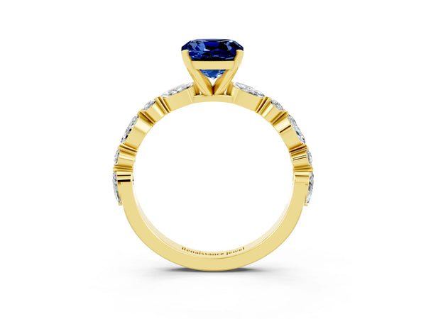 Yellow gold Cushion Cut Blue Sapphire Ring with Marquise and Round  Side Stones and Four-Prong Setting