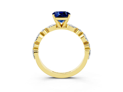 Yellow gold Cushion Cut Blue Sapphire Solitaire with Side Stones on a Pavé Band and Four-Prong Setting_3