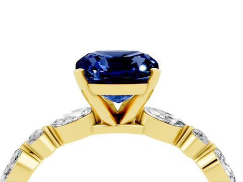 Yellow gold Cushion Cut Blue Sapphire Solitaire with Side Stones on a Pavé Band and Four-Prong Setting_4