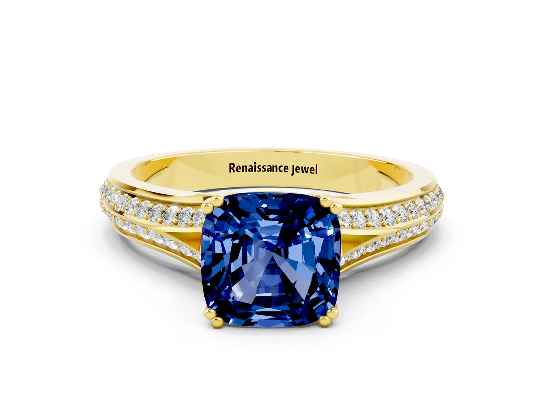 Yellow gold Cushion Cut Blue Sapphire Split Shank Engagement Ring with Pavé Band