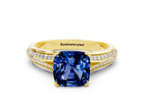 Yellow gold Cushion Cut Blue Sapphire Split Shank Engagement Ring with Pavé Band