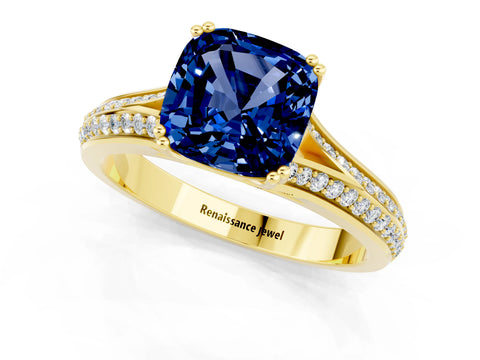 Yellow gold Cushion Cut Blue Sapphire Split Shank Engagement Ring with Pavé Band_1