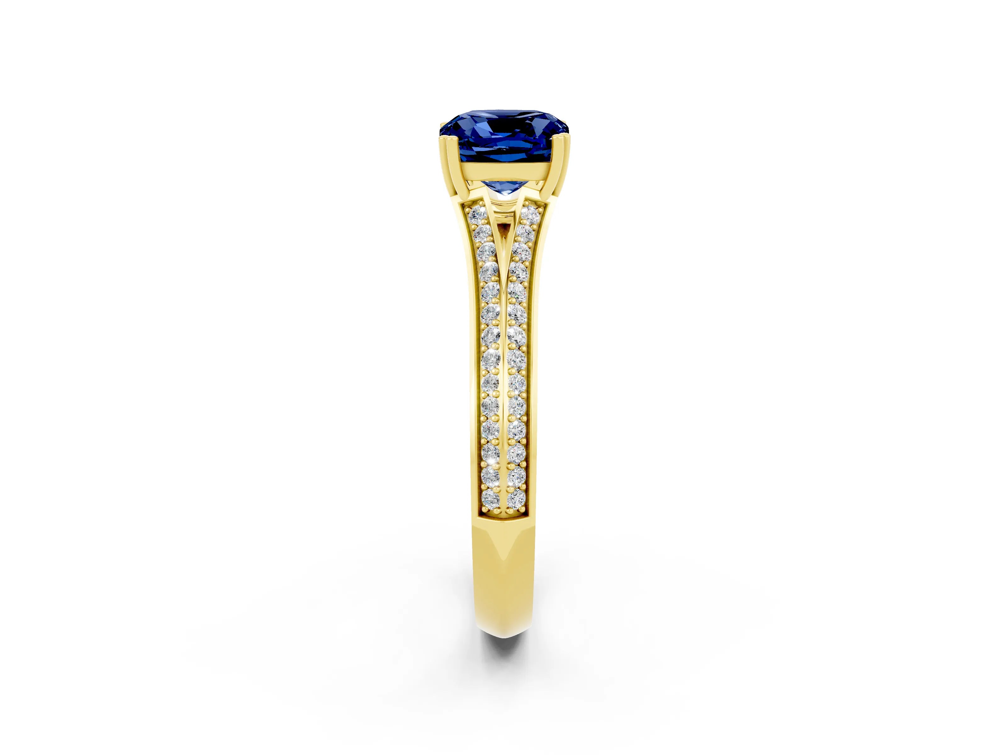 Yellow gold Cushion Cut Blue Sapphire Split Shank Engagement Ring with Pavé Band_2